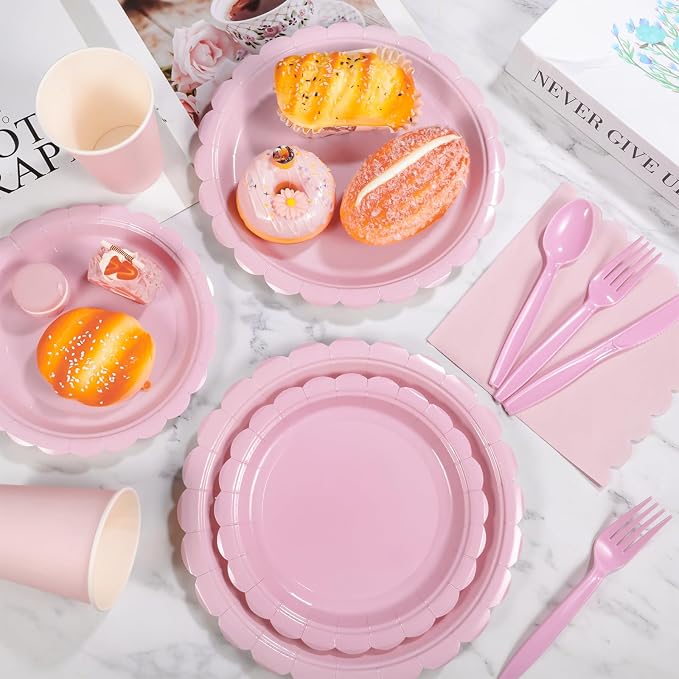 175 Pcs Pink Plates and Napkins, 25 Set Scalloped Pink Dinnerware | Light Pink Party Decor Include 9" Paper Plates, 7" Dessert Plates, 6.5 Inch Napkins for Girls Birthday, Bridal Baby Shower
