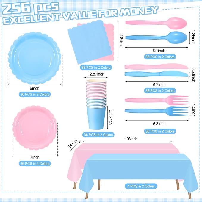 Tegeme 256 Pcs Pink and Blue Gender Reveal Party Supplies Disposable Tablecloth Paper Plates Napkin Cup Plastic Fork Knives Spoon Tableware Serve 36 Guest for Birthday Baby Shower Wedding Decoration