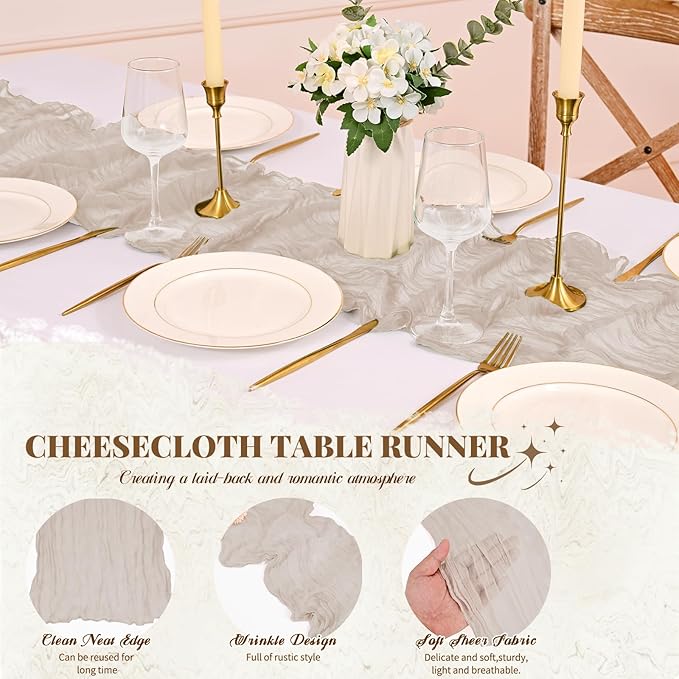 12 Pack Cheesecloth Table Runner,Brown Grey Table Runner Long Romantic Semi Sheer Rustic Boho Gauze Table Runners for Wedding Bridal Shower Birthday Party Decorations(17.7×108 Inch)