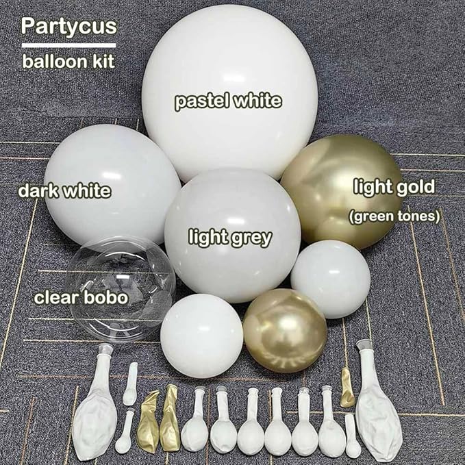 Double Stuffed White Balloon Arch with Clear Bobo, Double Stuffed Light Grey Different White Gold Balloon Garland Kit for Bridal Wedding Engagement Birthday Christmas Valentines Party Decoration