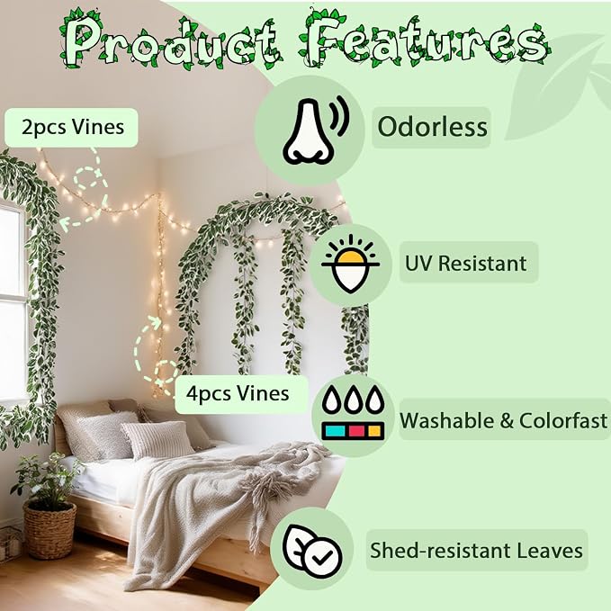 ucky Fake Vines, Eucalyptu Vines Garland, Ivy Vines, Green Artificial Wall Decor Hanging, Wedding Decoration，Flower Bouquet Decoration (2, Scindaps Vines)
