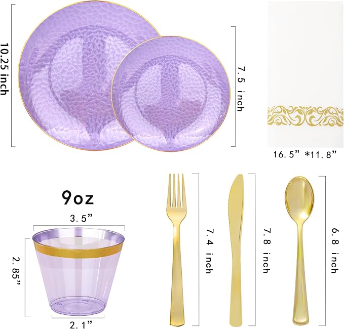 Rubtlamp 175 Pcs Purple Plastic Dinnerware Set (25 Guests), Clear Purple Plates With Gold Rim, Hammered Party Platos, Plates And Cups And Napkins Sets for Wedding, Party&Graduation