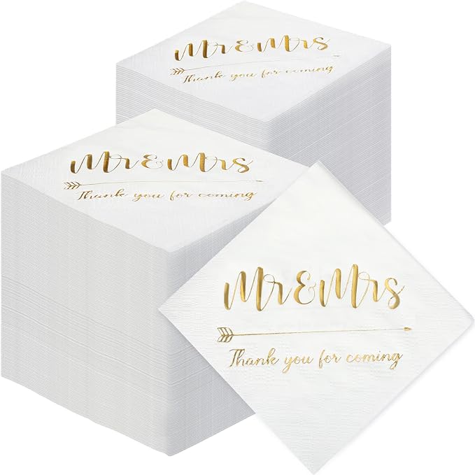 Teling 400 Pcs Wedding Napkins for Reception, 3 Ply Mr Mrs Wedding Cocktail Napkins for Engagement Bridal Shower Party Supplies Beverage Dessert Table Decorations(White)