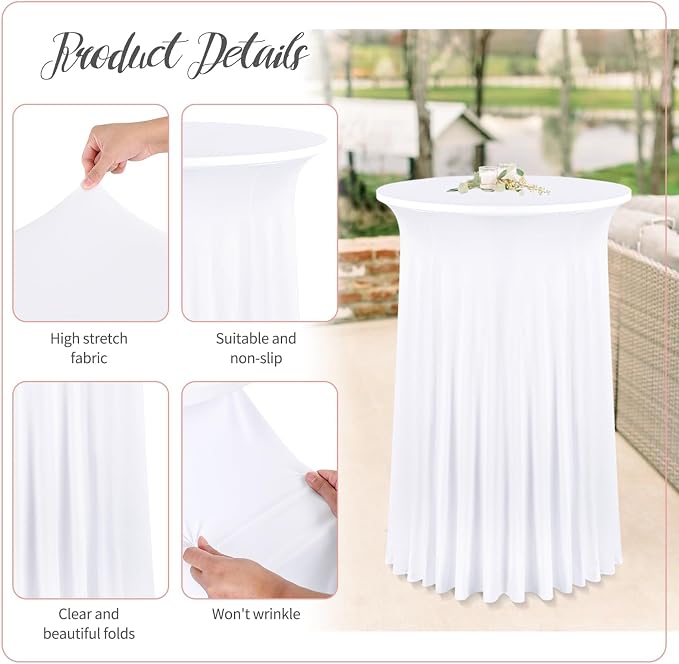 fani 6 Packs 24"x 43" Round Cocktail Table Skirt, Spandex Fitted High Top Table Skirt, Spandex Stretch Cocktail Tablecloth for Wedding Party Bar Banquet Birthday Tables(White)
