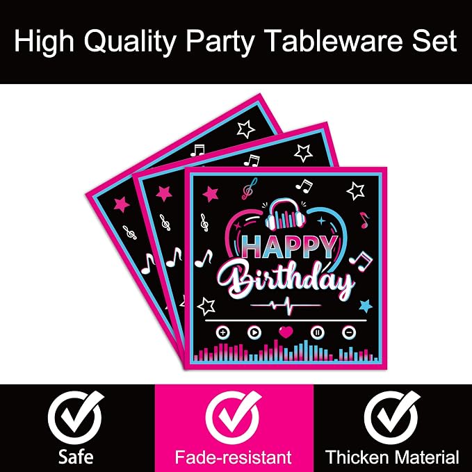 96 Pcs Music Party Supplies Tableware Set for Girls, Music Theme Birthday Party Plates Napkins Forks Packs Decorations for Birthday Baby Shower Celebration, 24 Guests