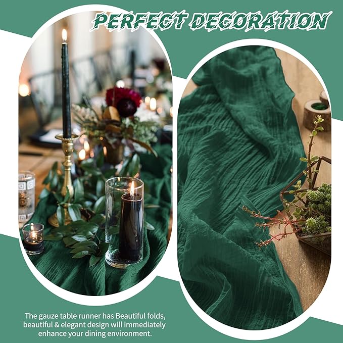 20 Pack Cheesecloth Table Runner - 17x108 Inch Emerald Green Boho Gauze Cheese Cloth Table Runners for Baby Bridal Shower Decoration Wedding Party Summer Garden Farmhouse