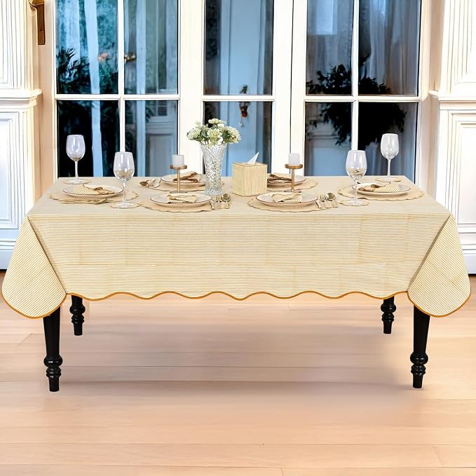 Ridhi Warm Saffron Yellow Stripe Block Print 60x120 Rectangle Tablecloth Table Cover for Dining Tables,Farmhouse Kitchen Decor, Washable, Decorative Tablecloths for Spring, Easter, Valentine