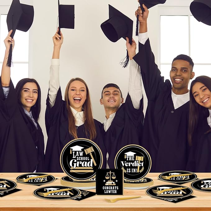 96PCS Law School Graduation Party Supplies Lawyer Congrats Grad Paper Plates and Napkins Black and Gold Congratulate Disposable Dessert Tableware for Class of 2026 Graduation Decor for 24 Guests
