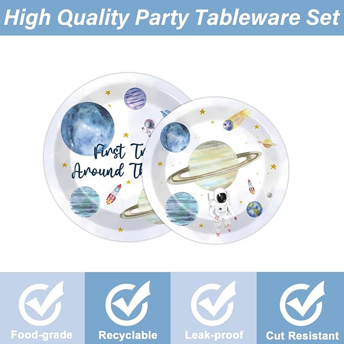 96 PCS First Trip Around The Sun Birthday Party Decorations Outer Space Themed Decorations 1st Space Birthday Dinner Paper Plates Boho Solar System Napkins Forks Sun Theme Party Favors Supplies