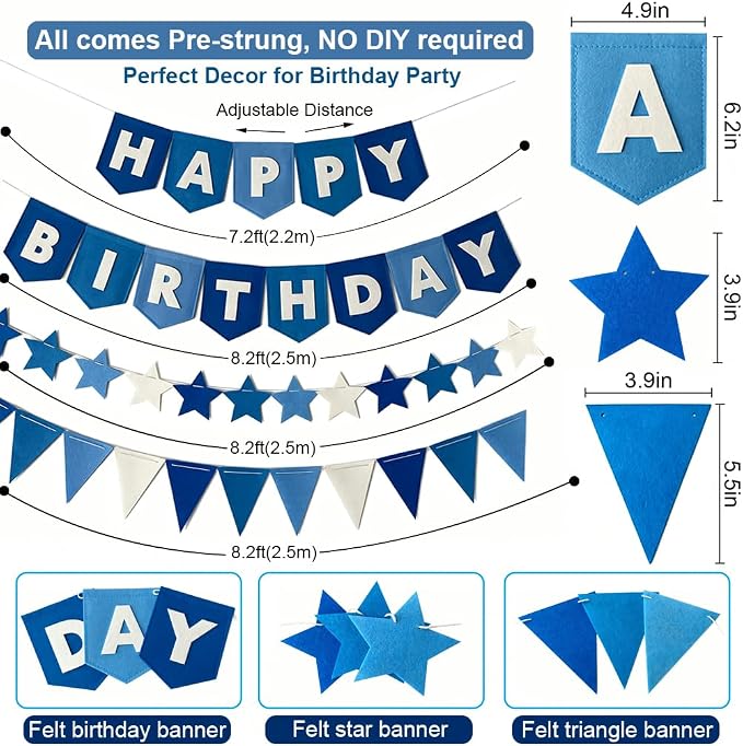 Yancan Blue Happy Birthday Banner for Women Men Boys Girls Party Decoration | Pre-strung Felt Happy Birthday Banner, Star Garland, Triangle Flags