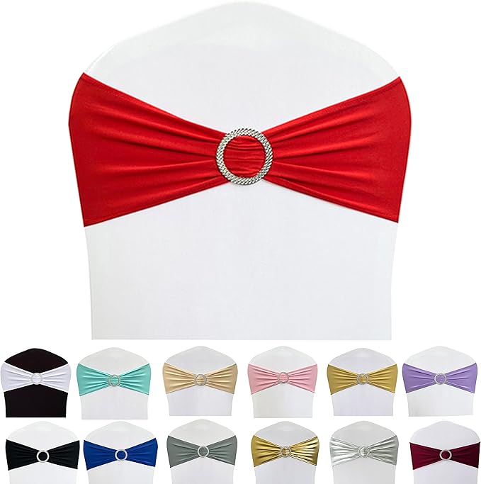 Spandex Chair Sashes Bands 100PCS Stretch Chair Ties Bows with Buckle Slider for Wedding Party Banquet Decoration (Red)…