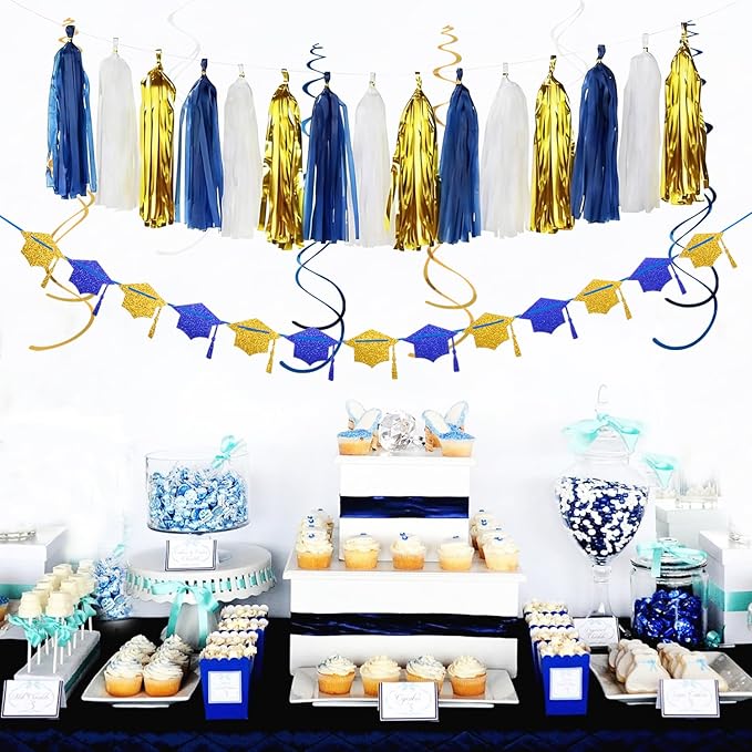Navy-Blue White Gold Graduation Party-Decorations Garland - 31pcs Congrats Grad Class 2026 Banner,Hat Hanging Streamers,College High School Congratulations Masters Classroom Backdrop Decor Burgleda