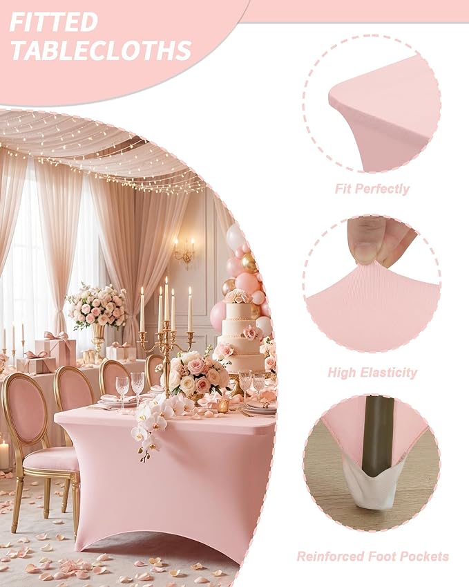 Fixwal Light Pink Stretch Table Cloth Rectangle 4 Pack 6Ft, Spandex Fitted Table Covers Washable for Party, Trade Show, Banquet, Wedding, Buffet