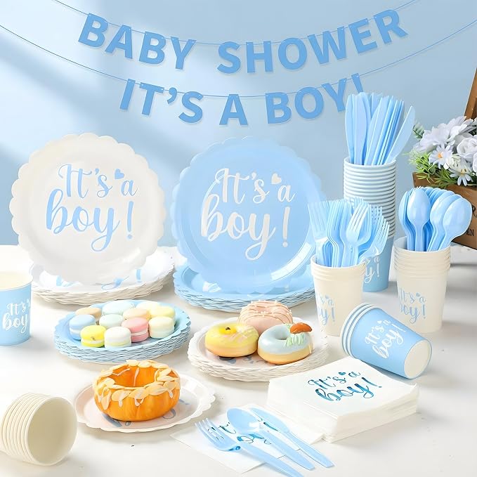 Qinyoung 218 Pcs Baby Shower Plates and Napkin Set Serve 24 Baby Boy Shower Decorations Set Includes Blue Boy Paper Plates Napkins Cups Cutlery for Gender Reveal Birthday Party