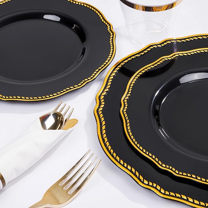 Hioasis 350pcs Black and gold Plastic Plates - Gold Plastic Dinnerware Set Includes 50 Dinner Plates, 50 Dessert Dinnerware, 50 Cups, 50 Rolled Napkin Cutlery Perfect for Wedding & Party