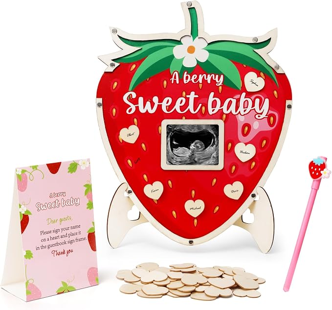 Strawberry Baby Shower Decorations,Berry Sweet Baby Shower Guest Book Alternatives with Strawberry Pen,Photo Frame and 60 Heart Wood Slices for 60 Guests,Gender Reveal Decorations