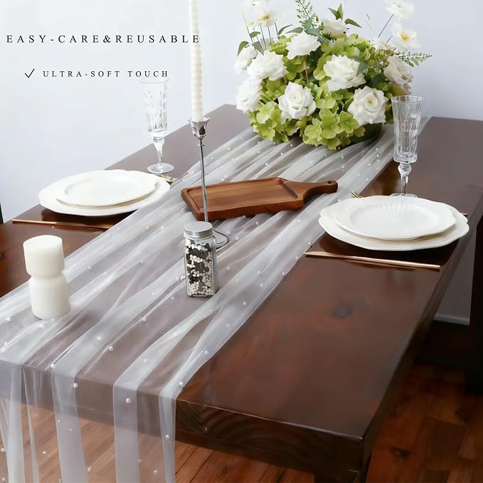 Set of 1 29" x 120" White Bohemian Pearl Table Runner for Wedding Party Baby Shower Birthday Home Decor