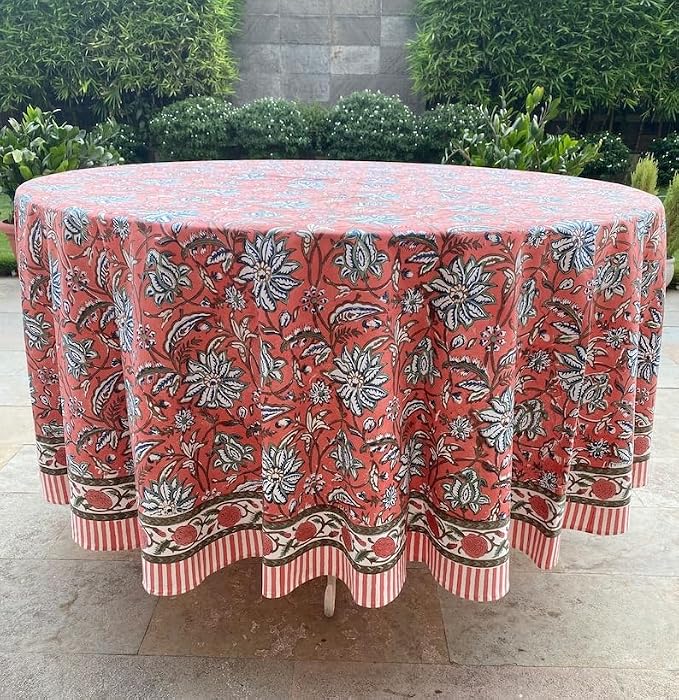 Ridhi Round Tablecloth Hand Block Print 100% Cotton Reusable Peach and Berry Blue 120 Inch Table Cover Decorative Everyday Use for Dining, Home, Farmhouse Gift for Spring, Mother's Day