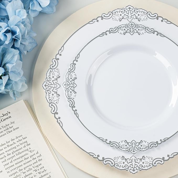 Bestluck 350PCS Silver Plastic Plates for 50 Guests, Disposable Dinnerware Sets Include 100 Silver Rim Plastic Plates, 50 Silverware, 50 Pre Rolled Napkins for Party, Wedding & Decor