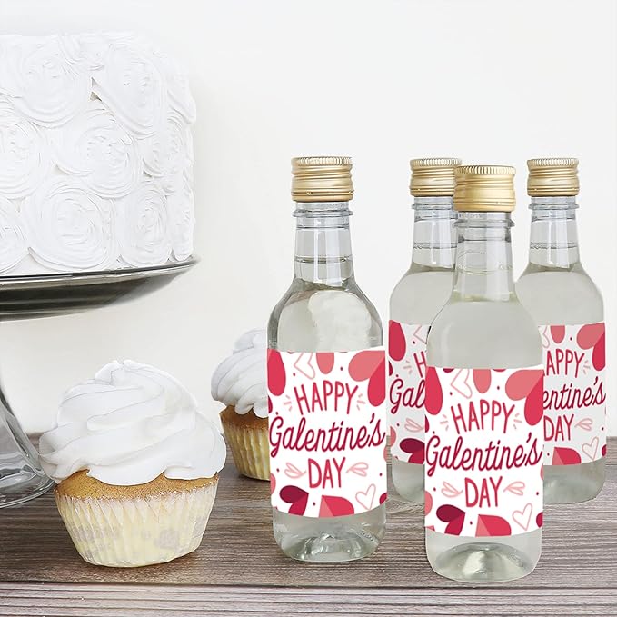 Big Dot of Happiness Happy Galentine’s Day - Mini Wine and Champagne Bottle Label Stickers - Valentine’s Day Party Favor Gift for Women and Men - Set of 16