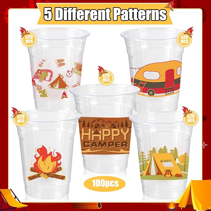 Camping Party Decorations Cups, 100 Pcs 12Oz Bulk Disposable Drinking Camping Theme Plastic Cups for BBQ Coffee Tea Beverage Backyard Birthday Shower Wedding Party Decorations Favors