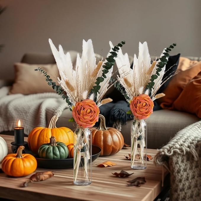 Qinyoung 10 Set Dried Pampas Grass Centerpiece for Wedding Baby Shower Party 10 Glass Flower Jars 10 Artificial Roses 80 Dried Pampas Grass with Rope for Rustic Bridal Farmhouse Decoration (Orange)