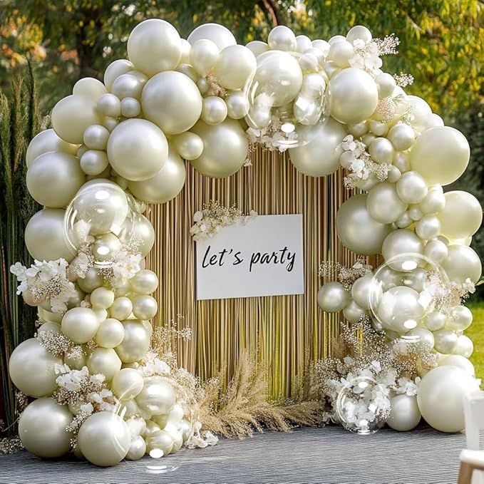 Pearl Balloon Arch - Double Stuffed Pearl Gold Balloon Garland Kit Beige Cream Balloons Different Sizes 12/10/5in With Clear Bobo Balloons For Birthday Wedding Bridal Baby Shower Baptism Party Decor