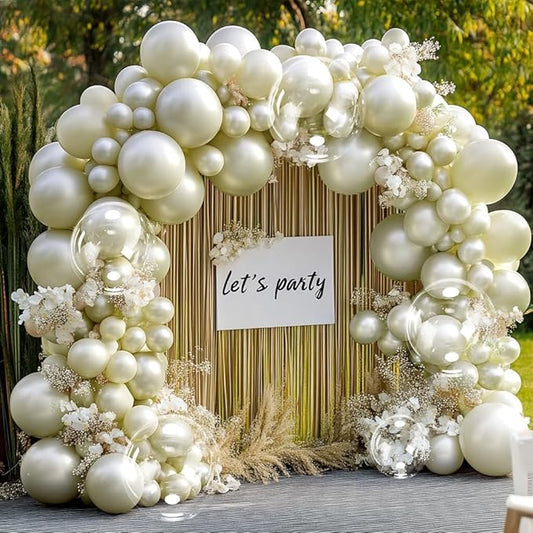 Pearl Balloon Arch - Double Stuffed Pearl Gold Balloon Garland Kit Beige Cream Balloons Different Sizes 12/10/5in With Clear Bobo Balloons For Birthday Wedding Bridal Baby Shower Baptism Party Decor