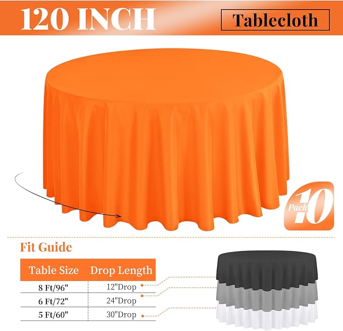 10 Pack 120 Inch Round Tablecloth, Orange Polyester Fabric Table Cloth for Round Tables, Stain and Wrinkle Washable Table Cover for Wedding Party Dining Tables Buffet Banquet Restaurant and Camping