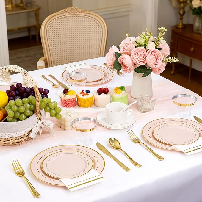 GATHER 350PCS Pink Plastic Plates - Disposable Plastic Dinnerware Set Include 100 Pink Plates, 150 Silverware, 50 Napkins, 50 Cups for Party & Wedding & Baby Shower & Mother‘s Day