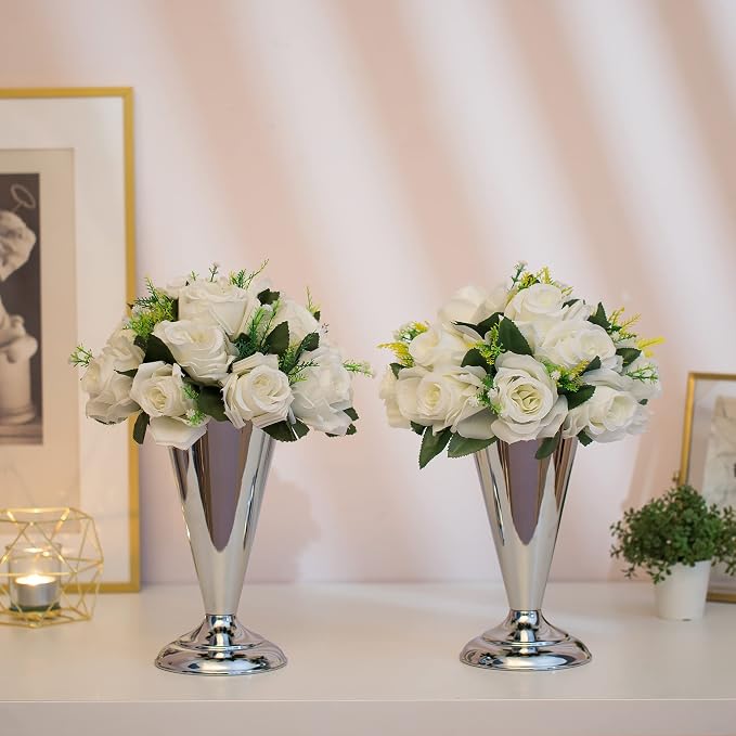 Silver Vase Centerpiece Table Decorations - 10 Pcs Metal Tabletop Flower Stand, Wedding Decorations for Reception, 9.8in Trumpet Tall Flower Vase for Birthday, Weddings, Anniversary, Home Decor