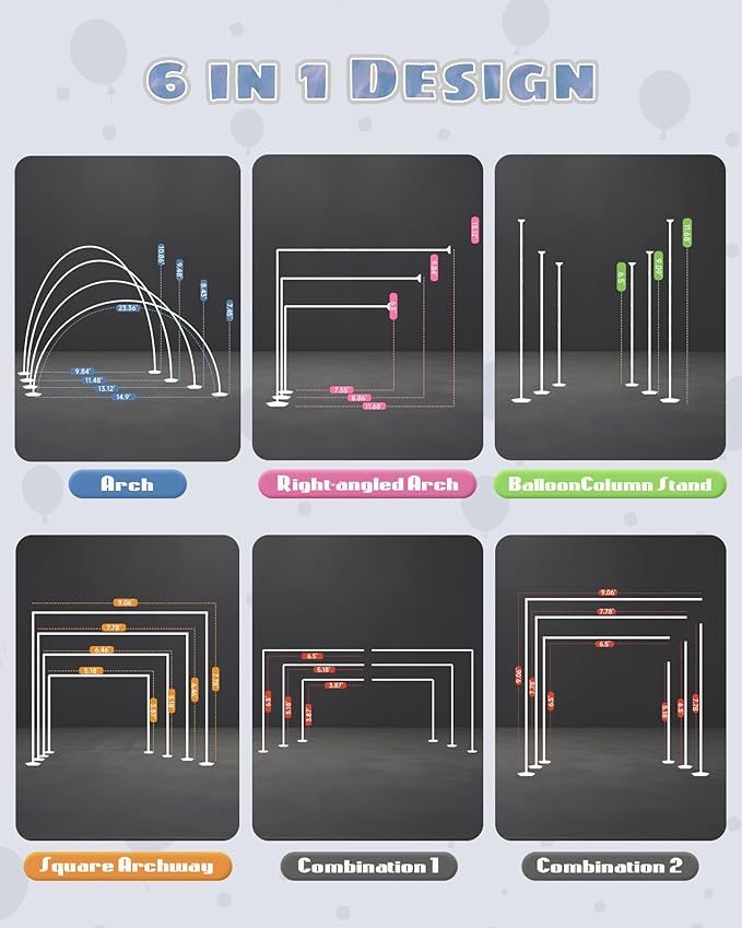 6IN1 Balloon Arch Stand Kit, 10.8ft Adjustable Balloon Column Stand with Base, Reusable Balloon Arch Kit Party Backdrop Decoration for Birthday Graduation Mother's Day Wedding Baby Shower