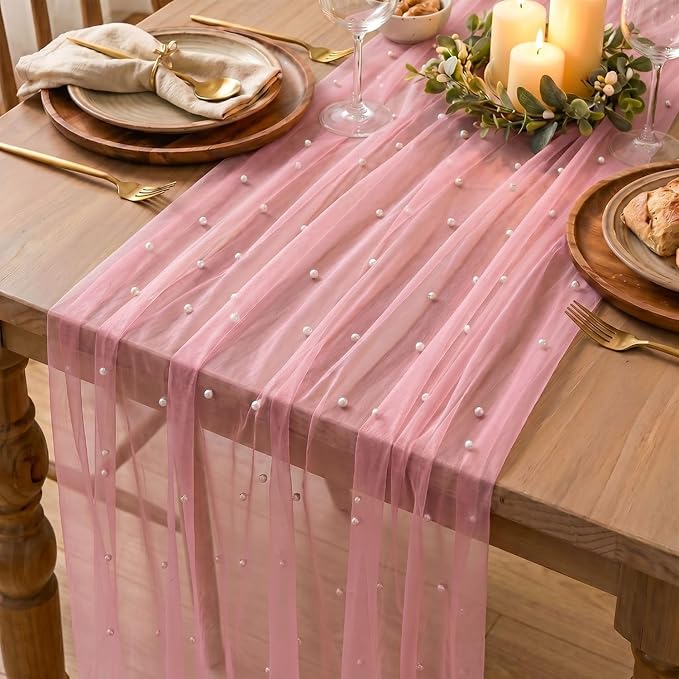 Artoid Mode Pearl Pastel Pink Gauze Table Runner 120 Inch 10FT, Seasonal Sheer Dining Holiday Wedding Birthday Baby Shower Table Decor for Home Party