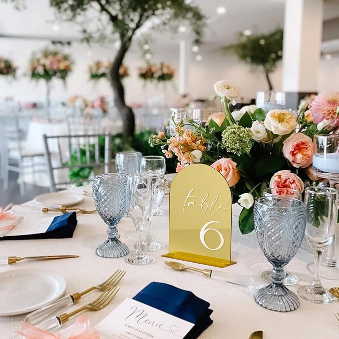 HOODO Gold Mirror Acrylic Wedding Table Numbers 1-15 with Stands, 5"x7" Arched Acrylic Sign and Holder, Gold Mirror Arch Table Numbers for Wedding Reception, Party, Anniversary, Event