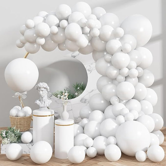Jobkoo White Balloons 113Pcs Arch Garland Kit 5/10/12/18Inch Matte White Helium Party Balloons Latex for Birthday Engagement Decorations