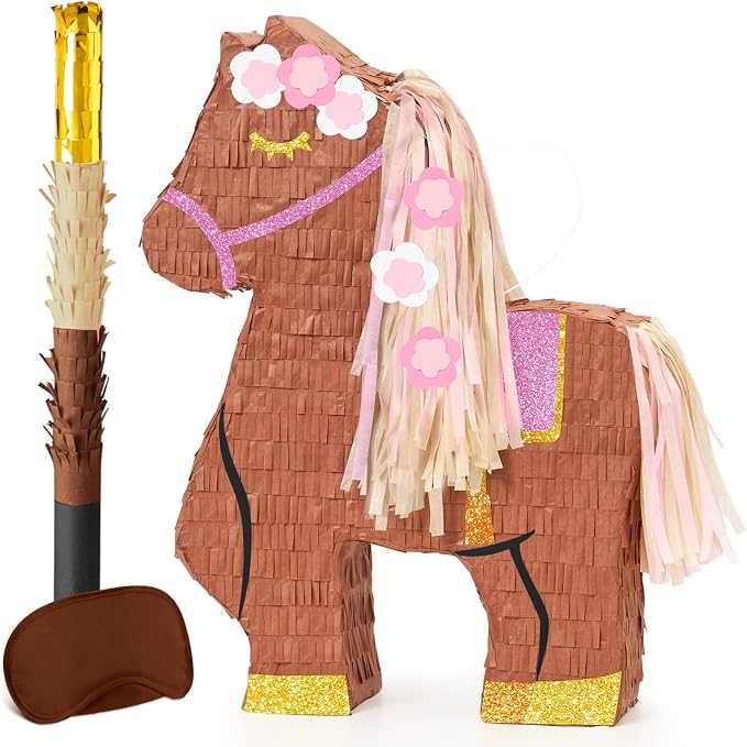 WERNNSAI Horse Piñata - Cowgirl Birthday Party Decorations Pink Brown Horse Piñata with Blindfold and Bat Western Cowgirl Party Favors for Kids Boys Classroom Activities Kentucky Derby Games