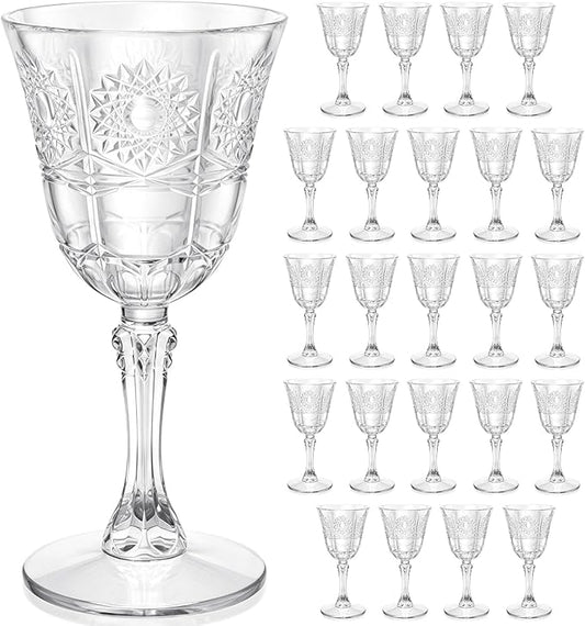 Plastic Wine Glasses, Unbreakable Wine Cups with Stem 6oz Disposable for Wedding Party Holiday, Sunflowers Vintage Plastic Goblets for Champagne, Juice, Cocktail (24 Pcs Transparent)