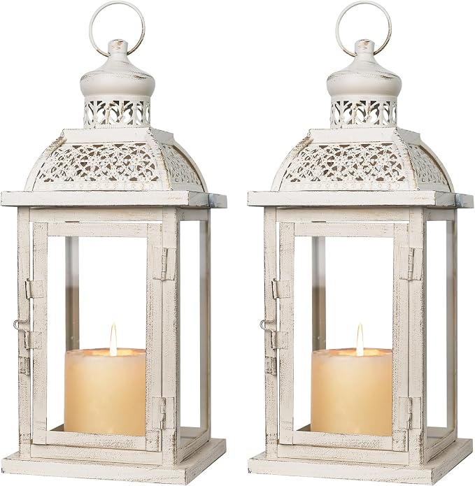 Lantern Decorative Indoor&Outdoor, 2 Pack 14.4'' Large Metal Candle Lanterns, Vintage Hanging Candle Holders for Farmhouse Wedding Front Porch Patio, Halloween Christmas Decorations for Home