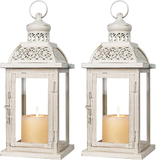 Lantern Decorative Indoor&Outdoor, 2 Pack 14.4'' Large Metal Candle Lanterns, Vintage Hanging Candle Holders for Farmhouse Wedding Front Porch Patio, Halloween Christmas Decorations for Home