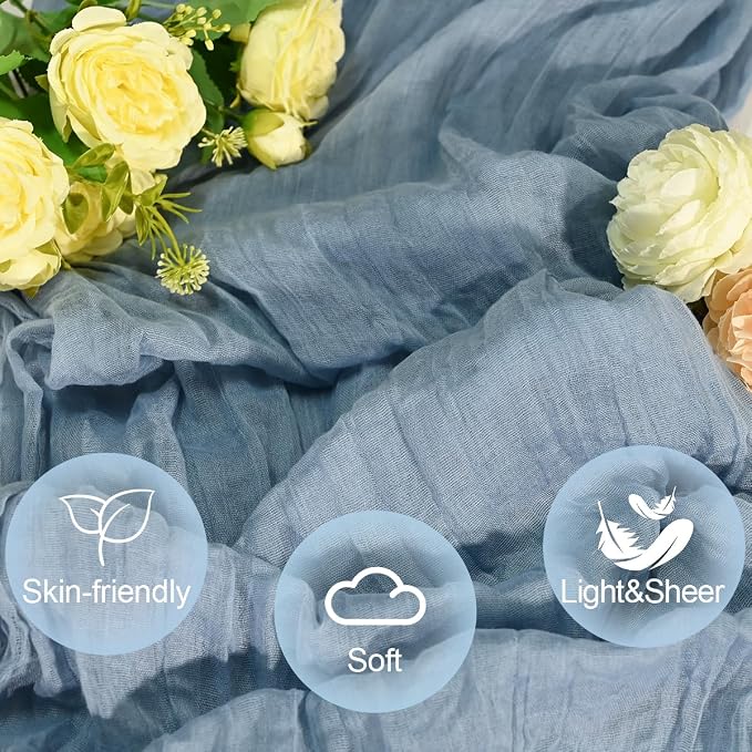 2 Pack Dusty Blue Cheesecloth Table Runners 35x120 Inch, Wide Pleated Boho Gauze Runner for Wedding Baby Shower Birthday Party, Semi-Sheer Rustic Table Decor