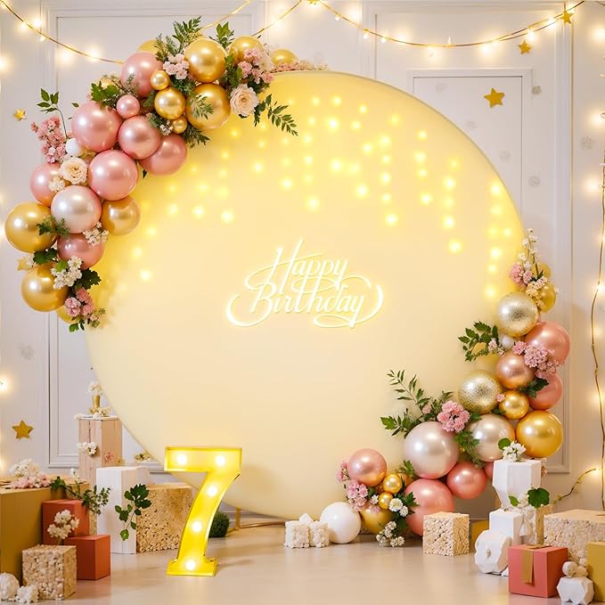 7.2 FT Ivory Round Backdrop Cover with Lights String for Circle Arch Stand Circle Backdrop Covers with LED Fairy Lights for Wedding Arch Baby Shower Birthday Party Photo Shoot Photography Background