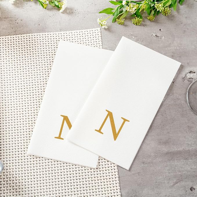 Luxenap 15.8 X 7.9 Inch Linen-Feel Guest Towels, 50 Lettered Hand Towels - Gold Letter 'N', Sans Serif Font, White Paper Dinner Napkins, airlaid, For Restrooms And Tables