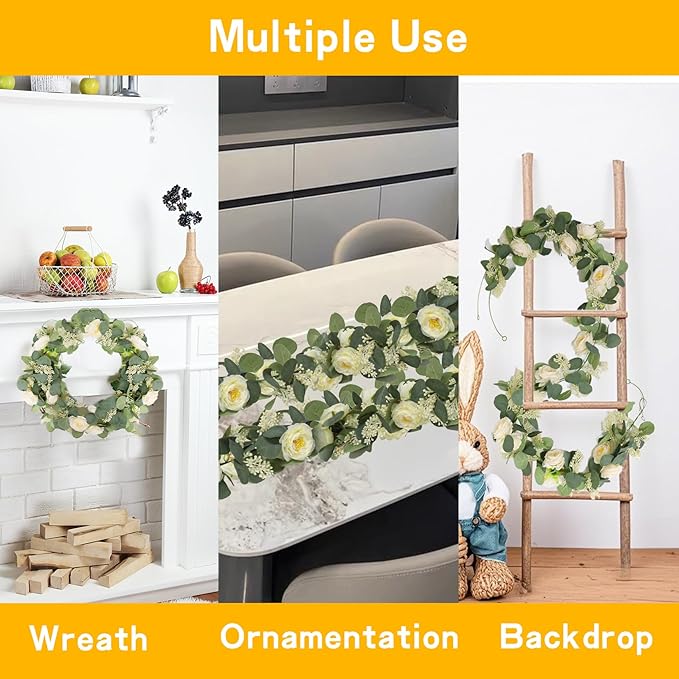 2 Packs Eucalyptus Garland with Flowers, 6.56ft Artificial Flower Greenery Garlands Natural Looking, Floral Garland Rose Vines for Party Wedding Table Backdrop Wall Decor