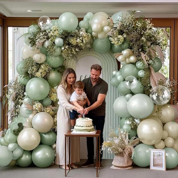Dusty Green Balloon Arch Kit Double Stuffed,Pearl Light Sage Green White Sand Beige Balloon Garland with Clear Bobo for Bridal Birthday Wedding Baby Shower Graduation Party Decoration