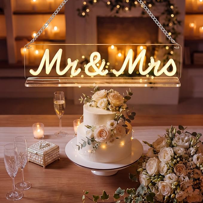 Fumete Mr and Mrs Neon Sign for Wedding Table Light up Large White Mr and Mrs Sign Wooden Letters, Miss Decoration for Anniversary Wedding & Engagement, Gifts for Anniversary Engagement