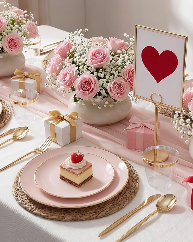 bUCLA 150PCS Pink Plastic Plates - Pink and Gold Disposable Include 25 Each (Dinner & Dessert) Plates, 25 Knives, 25 Forks, 25 Spoons and 25 Cups, Ideal for Party, Wedding & Mother's Day