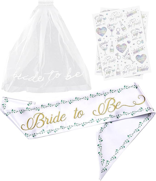 Luxury Bride to Be Sash Set – Embroidered Sash with Colored Trim, Embroidered Veil & Temporary Tattoos – Bridal Shower Hen Night Bachelorette Party Accessories