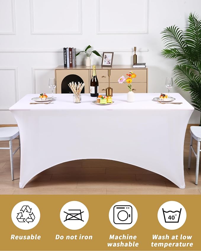 Fixwal 18 Pack 6Ft White Table Cover, Spandex Fitted Bulk Tablecloths Rectangle, Wrinkle-Free and Stretch Folding Table Cloth for Banquet, Wedding, Party, Trade Show