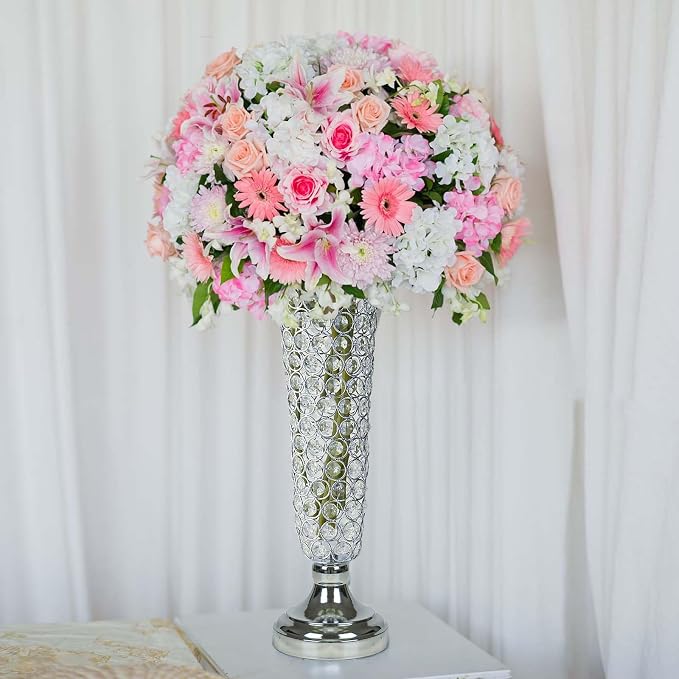 2-Pack 18.5" Tall Silver Vases, Elegant Crystal Trumpet Vase, Gorgeous Centerpiece Flower Stand | Artificial Flower Arrangement for Weddings, Anniversaries | Home & Party Decor Display