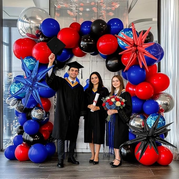 Red Blue Black Balloon Arch Garland Kit Double Stuffed Black Red Balloons Royal Blue Silver Balloon Garland with Star Foil Balloons for Baby Shower Birthday Graduation Spider Hero Themed Party Decor